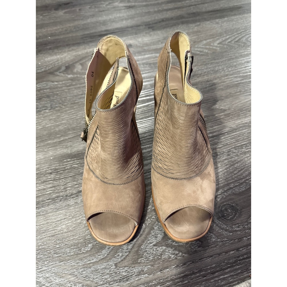 Paul Green Taupe Leather Peep Toe Booties Laser Cut Block Heel Sandals Size 6.5